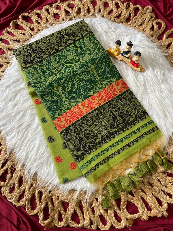 Premium_Soft_Muga_Cotton_Sarees_With_Beautiful_Colourfull_Ganga_Jamuna_Border_Attractive_All_Over_Resham_Weaving_Butti_Design_With_Resham_Weaving_Pallu_And_Resham_Weaving_Blouse_With_Fancy_Tassels