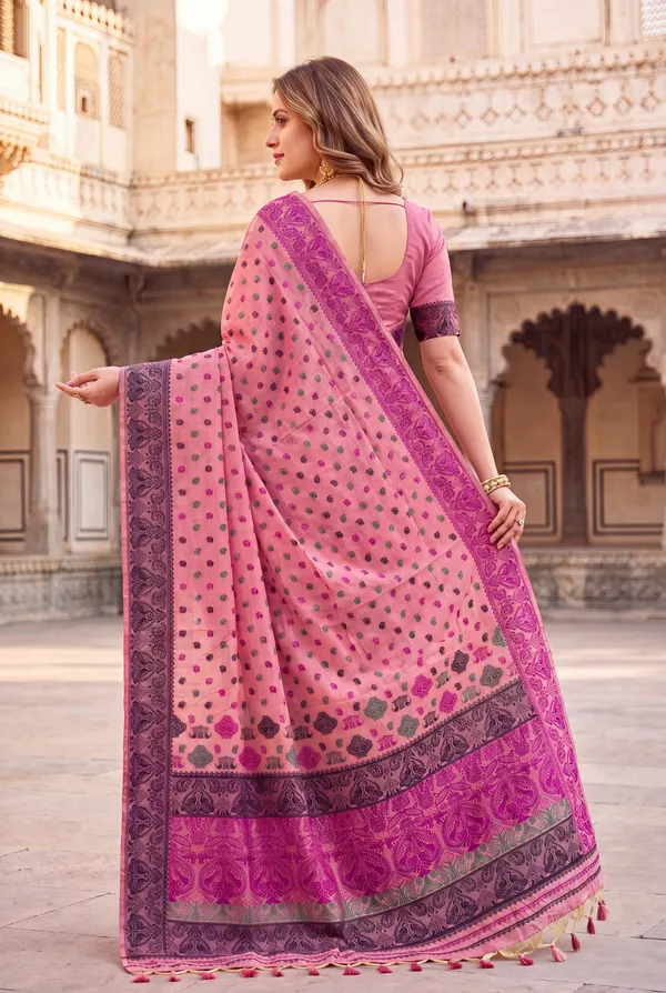 Premium_Soft_Muga_Cotton_Sarees_With_Beautiful_Colourfull_Ganga_Jamuna_Border_Attractive_All_Over_Resham_Weaving_Butti_Design_With_Resham_Weaving_Pallu_And_Resham_Weaving_Blouse_With_Fancy_Tassels