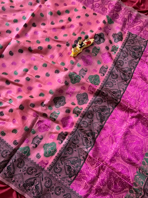 Premium_Soft_Muga_Cotton_Sarees_With_Beautiful_Colourfull_Ganga_Jamuna_Border_Attractive_All_Over_Resham_Weaving_Butti_Design_With_Resham_Weaving_Pallu_And_Resham_Weaving_Blouse_With_Fancy_Tassels
