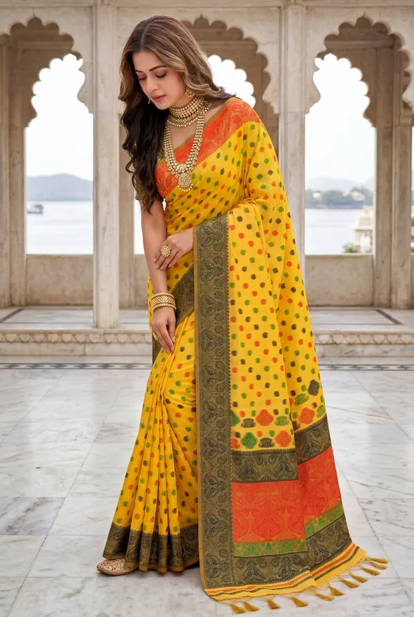 Premium_Soft_Muga_Cotton_Sarees_With_Beautiful_Colourfull_Ganga_Jamuna_Border_Attractive_All_Over_Resham_Weaving_Butti_Design_With_Resham_Weaving_Pallu_And_Resham_Weaving_Blouse_With_Fancy_Tassels