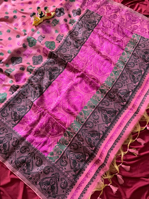 Premium_Soft_Muga_Cotton_Sarees_With_Beautiful_Colourfull_Ganga_Jamuna_Border_Attractive_All_Over_Resham_Weaving_Butti_Design_With_Resham_Weaving_Pallu_And_Resham_Weaving_Blouse_With_Fancy_Tassels