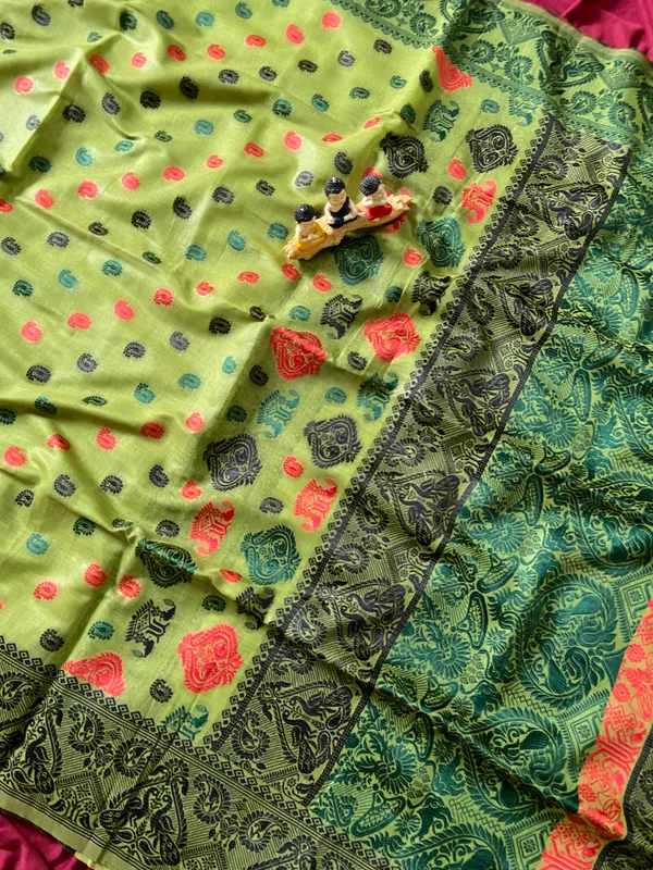 Premium_Soft_Muga_Cotton_Sarees_With_Beautiful_Colourfull_Ganga_Jamuna_Border_Attractive_All_Over_Resham_Weaving_Butti_Design_With_Resham_Weaving_Pallu_And_Resham_Weaving_Blouse_With_Fancy_Tassels