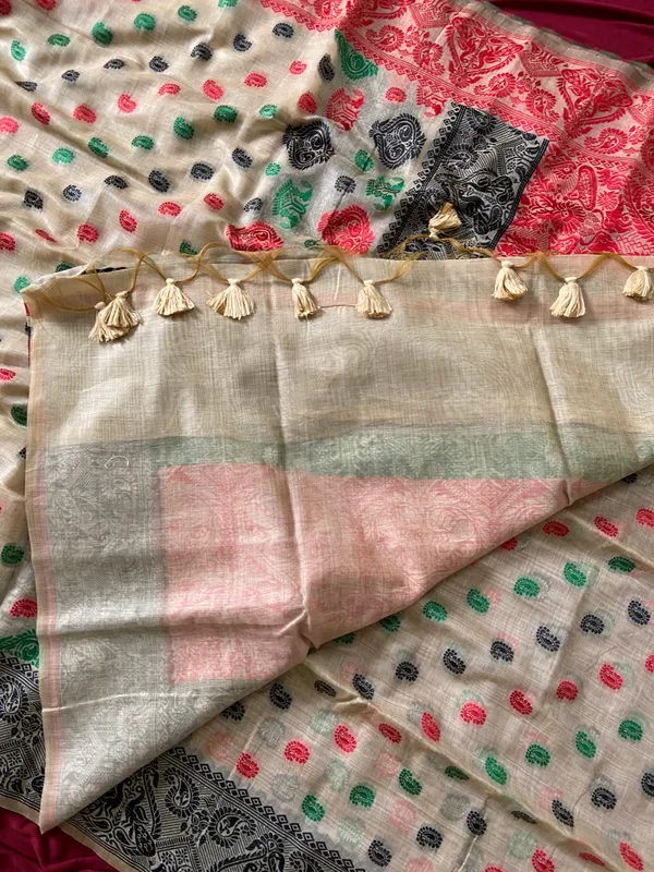 Premium_Soft_Muga_Cotton_Sarees_With_Beautiful_Colourfull_Ganga_Jamuna_Border_Attractive_All_Over_Resham_Weaving_Butti_Design_With_Resham_Weaving_Pallu_And_Resham_Weaving_Blouse_With_Fancy_Tassels