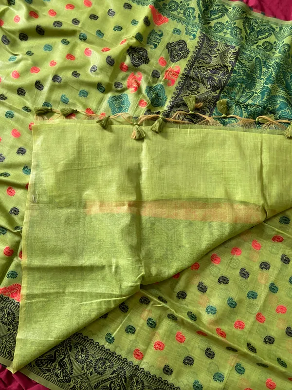 Premium_Soft_Muga_Cotton_Sarees_With_Beautiful_Colourfull_Ganga_Jamuna_Border_Attractive_All_Over_Resham_Weaving_Butti_Design_With_Resham_Weaving_Pallu_And_Resham_Weaving_Blouse_With_Fancy_Tassels