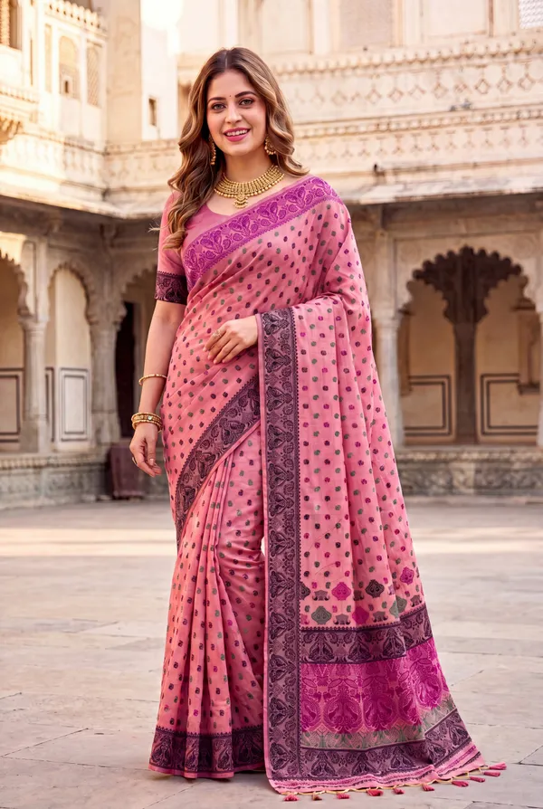 Premium_Soft_Muga_Cotton_Sarees_With_Beautiful_Colourfull_Ganga_Jamuna_Border_Attractive_All_Over_Resham_Weaving_Butti_Design_With_Resham_Weaving_Pallu_And_Resham_Weaving_Blouse_With_Fancy_Tassels