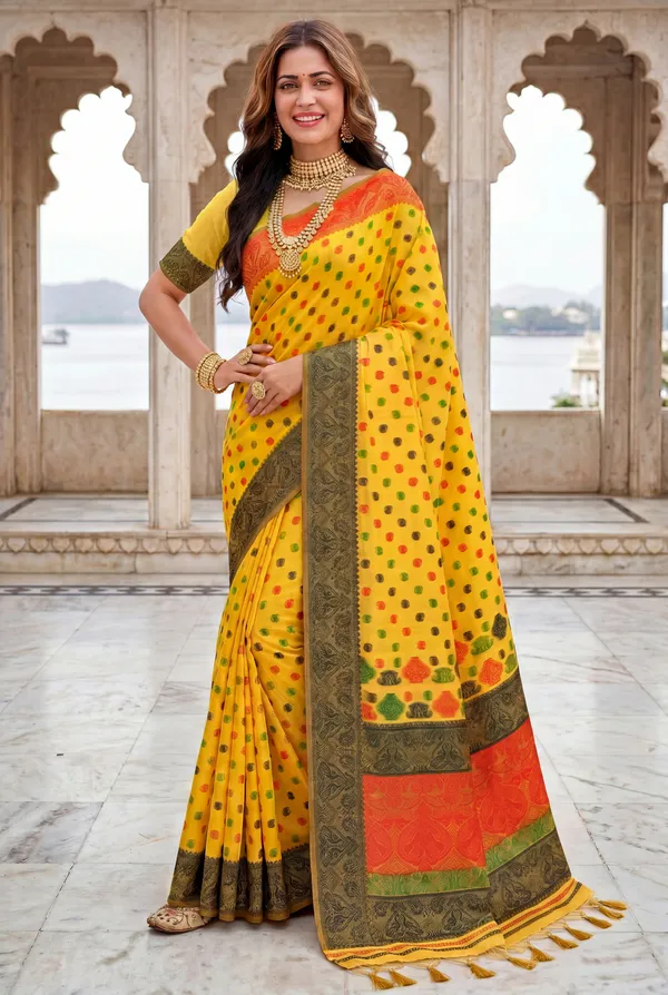 Premium_Soft_Muga_Cotton_Sarees_With_Beautiful_Colourfull_Ganga_Jamuna_Border_Attractive_All_Over_Resham_Weaving_Butti_Design_With_Resham_Weaving_Pallu_And_Resham_Weaving_Blouse_With_Fancy_Tassels