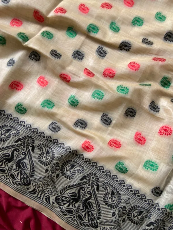 Premium_Soft_Muga_Cotton_Sarees_With_Beautiful_Colourfull_Ganga_Jamuna_Border_Attractive_All_Over_Resham_Weaving_Butti_Design_With_Resham_Weaving_Pallu_And_Resham_Weaving_Blouse_With_Fancy_Tassels