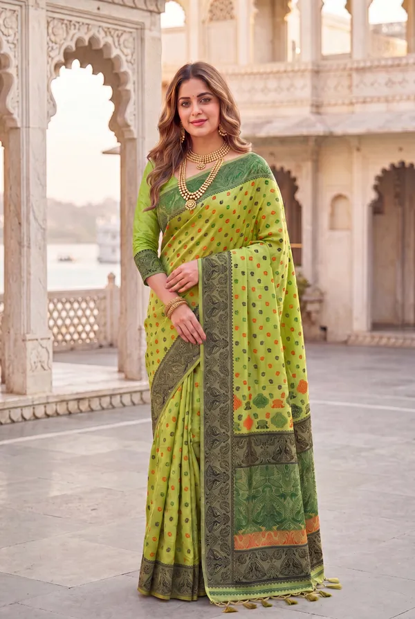 Premium_Soft_Muga_Cotton_Sarees_With_Beautiful_Colourfull_Ganga_Jamuna_Border_Attractive_All_Over_Resham_Weaving_Butti_Design_With_Resham_Weaving_Pallu_And_Resham_Weaving_Blouse_With_Fancy_Tassels