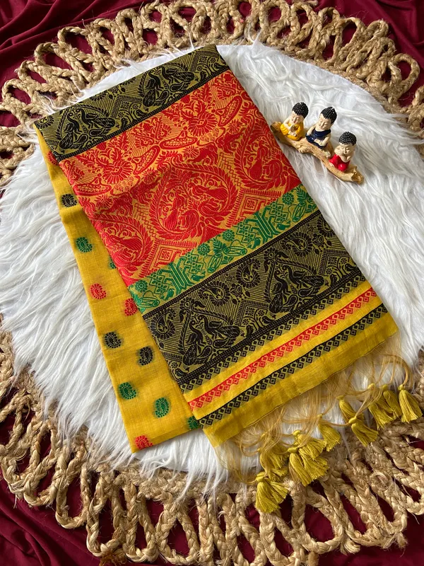 Premium_Soft_Muga_Cotton_Sarees_With_Beautiful_Colourfull_Ganga_Jamuna_Border_Attractive_All_Over_Resham_Weaving_Butti_Design_With_Resham_Weaving_Pallu_And_Resham_Weaving_Blouse_With_Fancy_Tassels