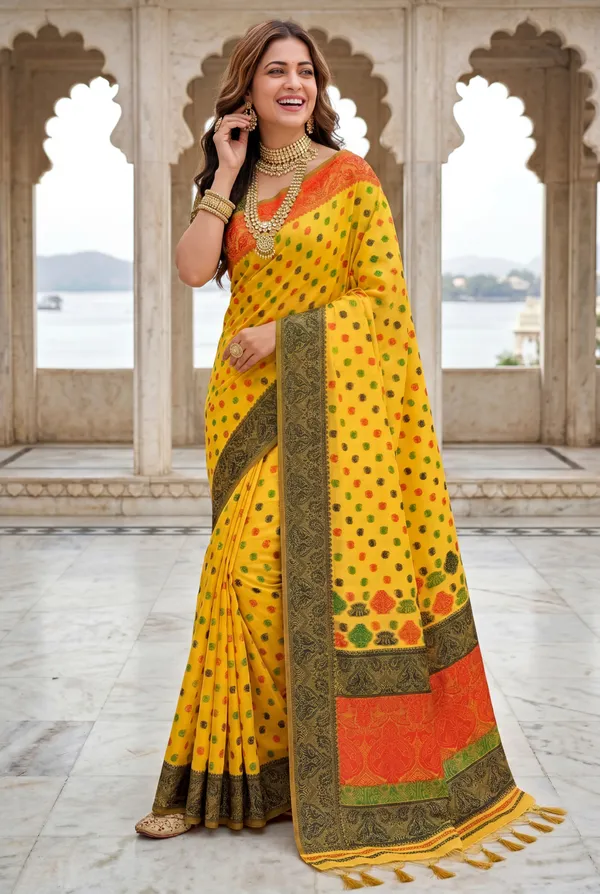 Premium_Soft_Muga_Cotton_Sarees_With_Beautiful_Colourfull_Ganga_Jamuna_Border_Attractive_All_Over_Resham_Weaving_Butti_Design_With_Resham_Weaving_Pallu_And_Resham_Weaving_Blouse_With_Fancy_Tassels