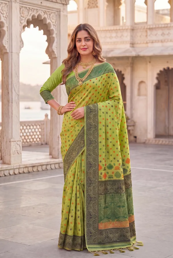 Premium_Soft_Muga_Cotton_Sarees_With_Beautiful_Colourfull_Ganga_Jamuna_Border_Attractive_All_Over_Resham_Weaving_Butti_Design_With_Resham_Weaving_Pallu_And_Resham_Weaving_Blouse_With_Fancy_Tassels