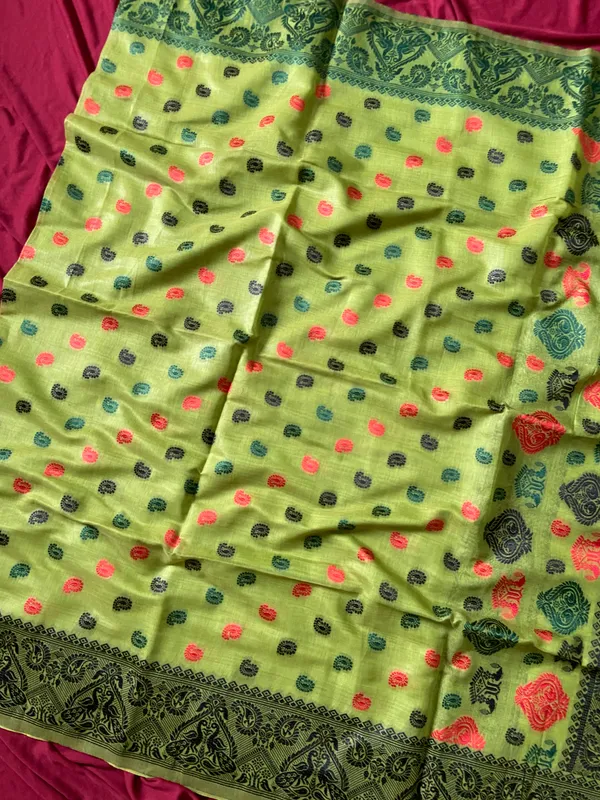 Premium_Soft_Muga_Cotton_Sarees_With_Beautiful_Colourfull_Ganga_Jamuna_Border_Attractive_All_Over_Resham_Weaving_Butti_Design_With_Resham_Weaving_Pallu_And_Resham_Weaving_Blouse_With_Fancy_Tassels