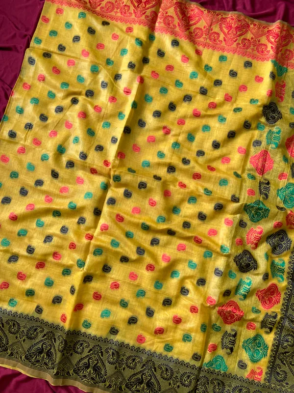 Premium_Soft_Muga_Cotton_Sarees_With_Beautiful_Colourfull_Ganga_Jamuna_Border_Attractive_All_Over_Resham_Weaving_Butti_Design_With_Resham_Weaving_Pallu_And_Resham_Weaving_Blouse_With_Fancy_Tassels