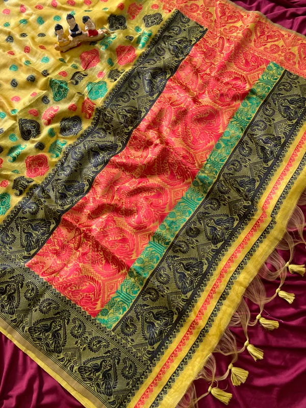 Premium_Soft_Muga_Cotton_Sarees_With_Beautiful_Colourfull_Ganga_Jamuna_Border_Attractive_All_Over_Resham_Weaving_Butti_Design_With_Resham_Weaving_Pallu_And_Resham_Weaving_Blouse_With_Fancy_Tassels