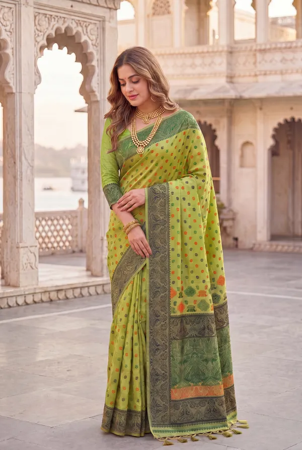 Premium_Soft_Muga_Cotton_Sarees_With_Beautiful_Colourfull_Ganga_Jamuna_Border_Attractive_All_Over_Resham_Weaving_Butti_Design_With_Resham_Weaving_Pallu_And_Resham_Weaving_Blouse_With_Fancy_Tassels
