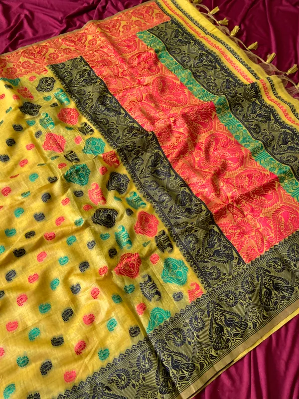 Premium_Soft_Muga_Cotton_Sarees_With_Beautiful_Colourfull_Ganga_Jamuna_Border_Attractive_All_Over_Resham_Weaving_Butti_Design_With_Resham_Weaving_Pallu_And_Resham_Weaving_Blouse_With_Fancy_Tassels