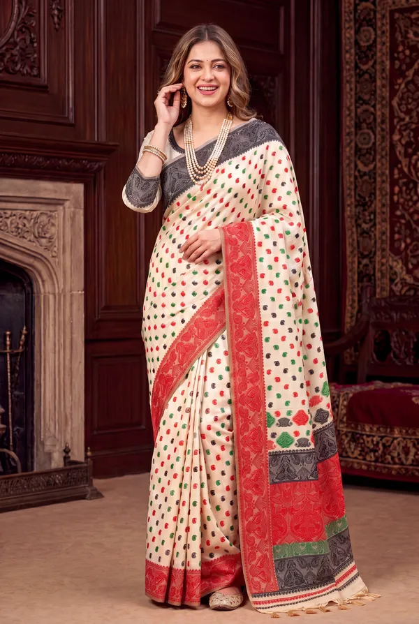 Premium_Soft_Muga_Cotton_Sarees_With_Beautiful_Colourfull_Ganga_Jamuna_Border_Attractive_All_Over_Resham_Weaving_Butti_Design_With_Resham_Weaving_Pallu_And_Resham_Weaving_Blouse_With_Fancy_Tassels
