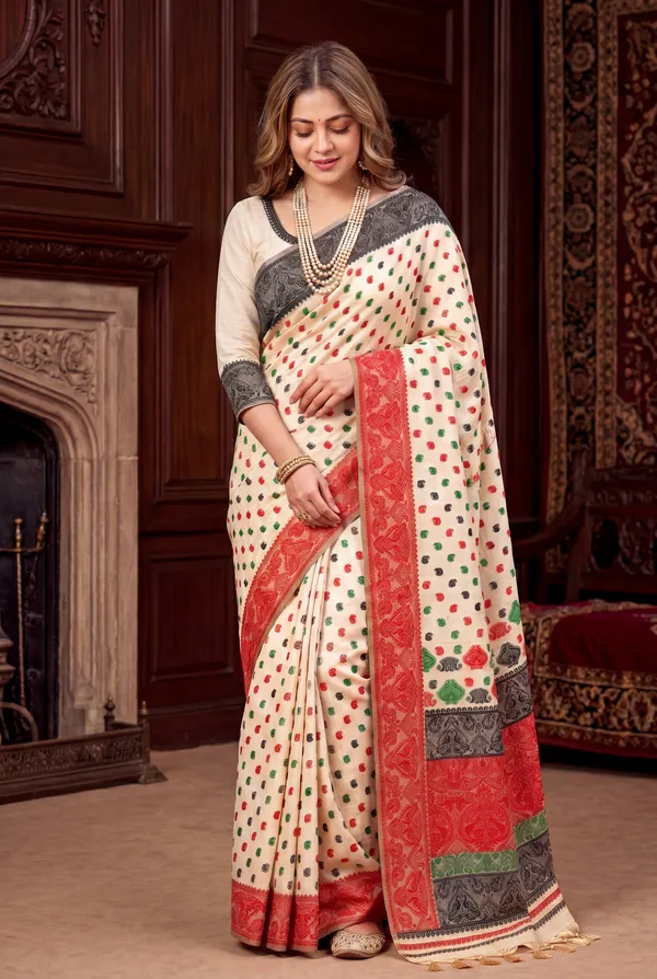Premium_Soft_Muga_Cotton_Sarees_With_Beautiful_Colourfull_Ganga_Jamuna_Border_Attractive_All_Over_Resham_Weaving_Butti_Design_With_Resham_Weaving_Pallu_And_Resham_Weaving_Blouse_With_Fancy_Tassels