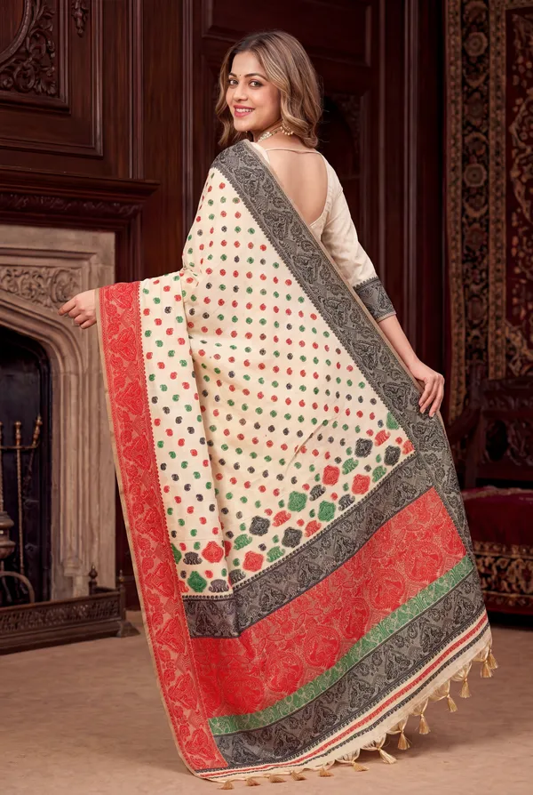 Premium_Soft_Muga_Cotton_Sarees_With_Beautiful_Colourfull_Ganga_Jamuna_Border_Attractive_All_Over_Resham_Weaving_Butti_Design_With_Resham_Weaving_Pallu_And_Resham_Weaving_Blouse_With_Fancy_Tassels