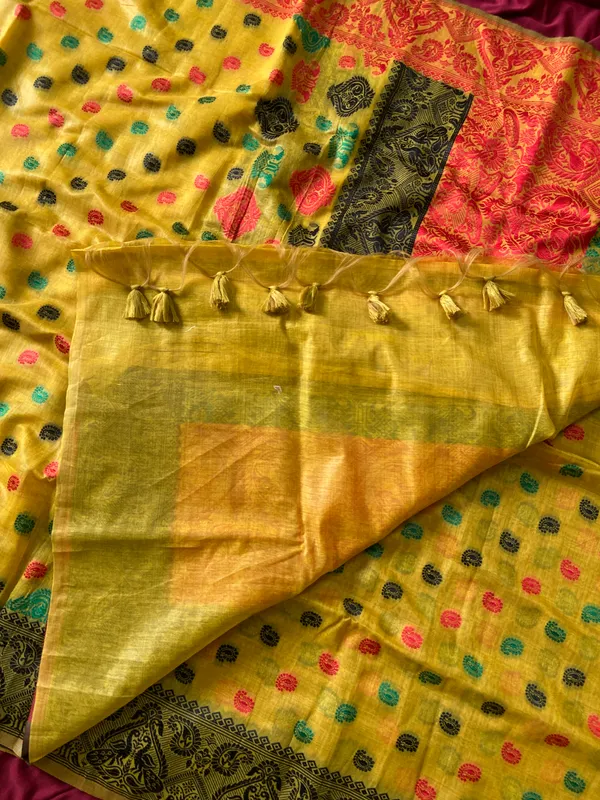 Premium_Soft_Muga_Cotton_Sarees_With_Beautiful_Colourfull_Ganga_Jamuna_Border_Attractive_All_Over_Resham_Weaving_Butti_Design_With_Resham_Weaving_Pallu_And_Resham_Weaving_Blouse_With_Fancy_Tassels