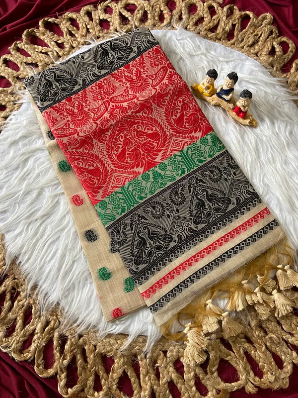 Premium_Soft_Muga_Cotton_Sarees_With_Beautiful_Colourfull_Ganga_Jamuna_Border_Attractive_All_Over_Resham_Weaving_Butti_Design_With_Resham_Weaving_Pallu_And_Resham_Weaving_Blouse_With_Fancy_Tassels