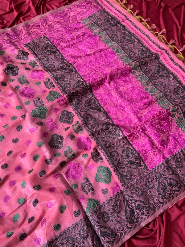 Premium_Soft_Muga_Cotton_Sarees_With_Beautiful_Colourfull_Ganga_Jamuna_Border_Attractive_All_Over_Resham_Weaving_Butti_Design_With_Resham_Weaving_Pallu_And_Resham_Weaving_Blouse_With_Fancy_Tassels
