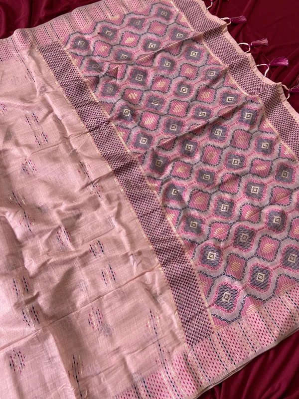 Premium_Soft_Muga_Cotton_sarees_with_Beautiful_Colourfull_3D_Woven_Small_Motifs_Pallu_With_Attractive_All_Over_Resham_Weaving_Butti_Design_With_Resham_Weaving_Border_And_Resham_Weaving_Butti_Blouse_With_Fancy_Tassels