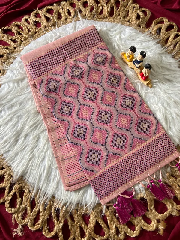 Premium_Soft_Muga_Cotton_sarees_with_Beautiful_Colourfull_3D_Woven_Small_Motifs_Pallu_With_Attractive_All_Over_Resham_Weaving_Butti_Design_With_Resham_Weaving_Border_And_Resham_Weaving_Butti_Blouse_With_Fancy_Tassels