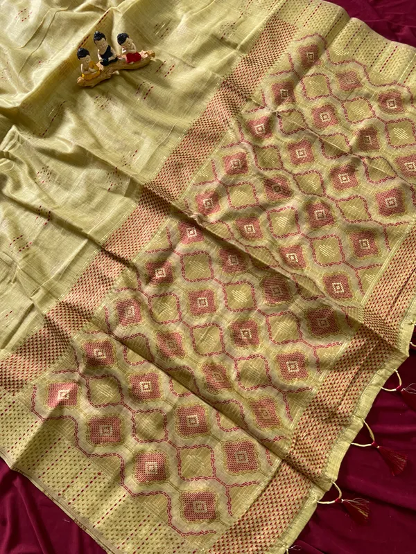 Premium_Soft_Muga_Cotton_sarees_with_Beautiful_Colourfull_3D_Woven_Small_Motifs_Pallu_With_Attractive_All_Over_Resham_Weaving_Butti_Design_With_Resham_Weaving_Border_And_Resham_Weaving_Butti_Blouse_With_Fancy_Tassels