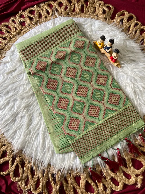 Premium_Soft_Muga_Cotton_sarees_with_Beautiful_Colourfull_3D_Woven_Small_Motifs_Pallu_With_Attractive_All_Over_Resham_Weaving_Butti_Design_With_Resham_Weaving_Border_And_Resham_Weaving_Butti_Blouse_With_Fancy_Tassels