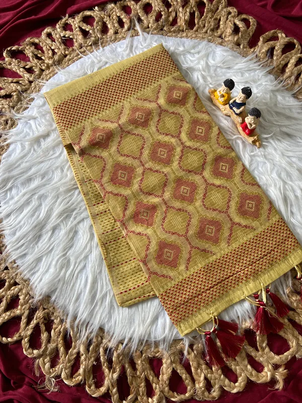 Premium_Soft_Muga_Cotton_sarees_with_Beautiful_Colourfull_3D_Woven_Small_Motifs_Pallu_With_Attractive_All_Over_Resham_Weaving_Butti_Design_With_Resham_Weaving_Border_And_Resham_Weaving_Butti_Blouse_With_Fancy_Tassels