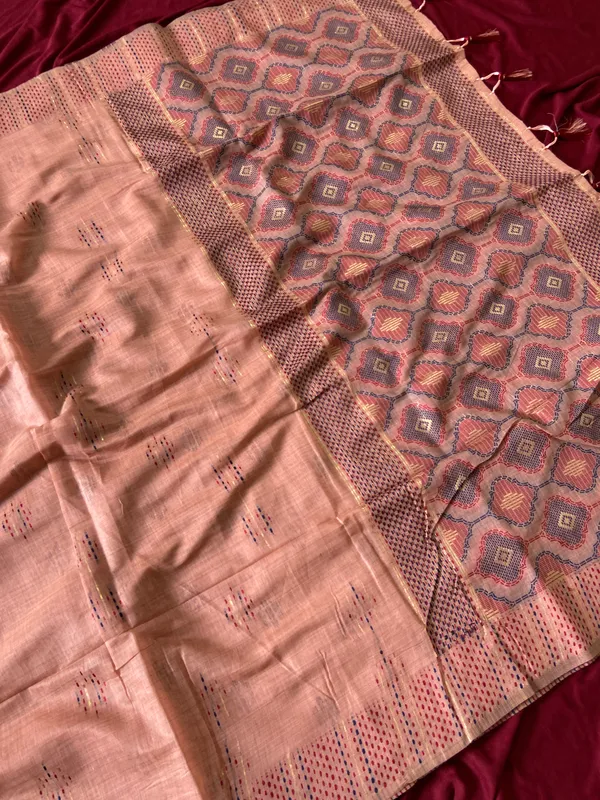 Premium_Soft_Muga_Cotton_sarees_with_Beautiful_Colourfull_3D_Woven_Small_Motifs_Pallu_With_Attractive_All_Over_Resham_Weaving_Butti_Design_With_Resham_Weaving_Border_And_Resham_Weaving_Butti_Blouse_With_Fancy_Tassels