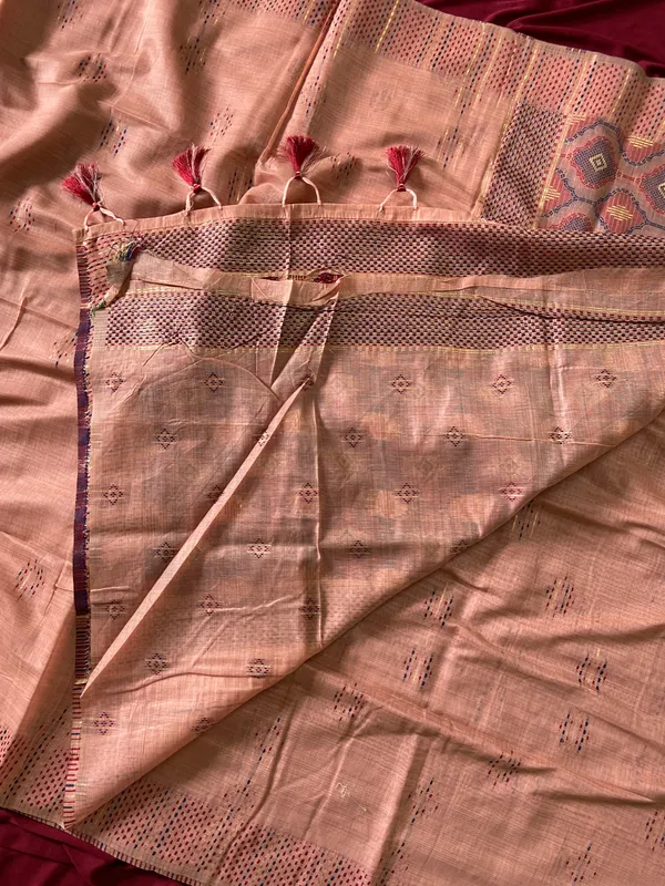 Premium_Soft_Muga_Cotton_sarees_with_Beautiful_Colourfull_3D_Woven_Small_Motifs_Pallu_With_Attractive_All_Over_Resham_Weaving_Butti_Design_With_Resham_Weaving_Border_And_Resham_Weaving_Butti_Blouse_With_Fancy_Tassels