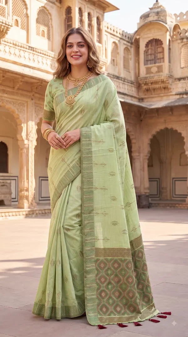 Premium_Soft_Muga_Cotton_sarees_with_Beautiful_Colourfull_3D_Woven_Small_Motifs_Pallu_With_Attractive_All_Over_Resham_Weaving_Butti_Design_With_Resham_Weaving_Border_And_Resham_Weaving_Butti_Blouse_With_Fancy_Tassels