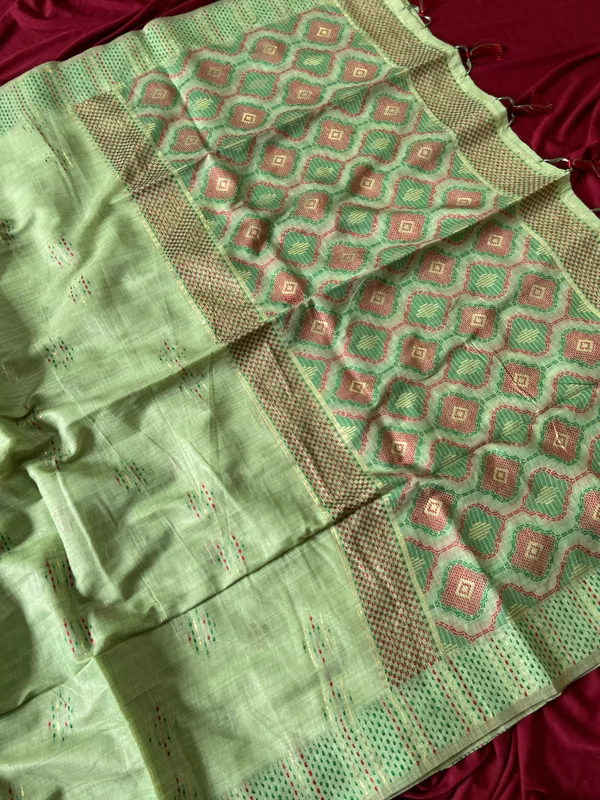 Premium_Soft_Muga_Cotton_sarees_with_Beautiful_Colourfull_3D_Woven_Small_Motifs_Pallu_With_Attractive_All_Over_Resham_Weaving_Butti_Design_With_Resham_Weaving_Border_And_Resham_Weaving_Butti_Blouse_With_Fancy_Tassels