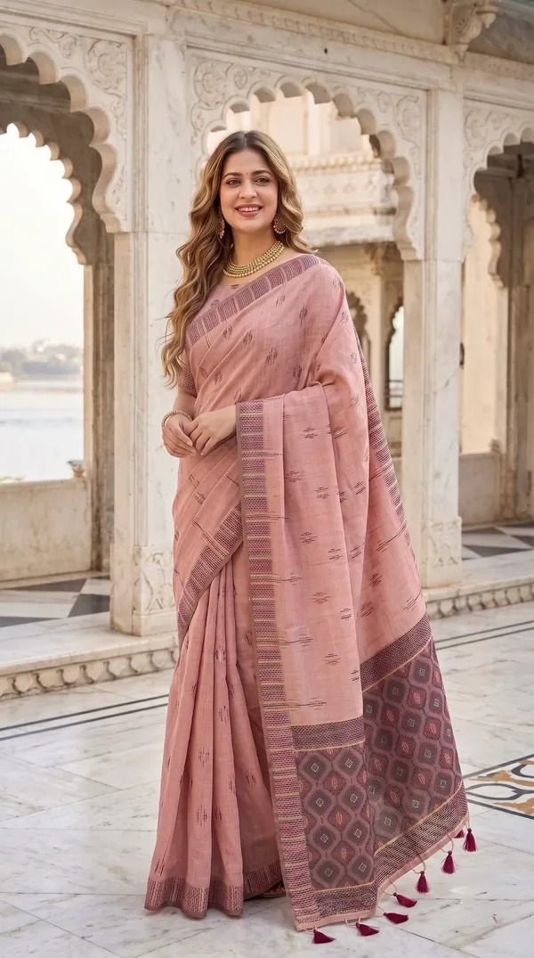 Premium_Soft_Muga_Cotton_sarees_with_Beautiful_Colourfull_3D_Woven_Small_Motifs_Pallu_With_Attractive_All_Over_Resham_Weaving_Butti_Design_With_Resham_Weaving_Border_And_Resham_Weaving_Butti_Blouse_With_Fancy_Tassels