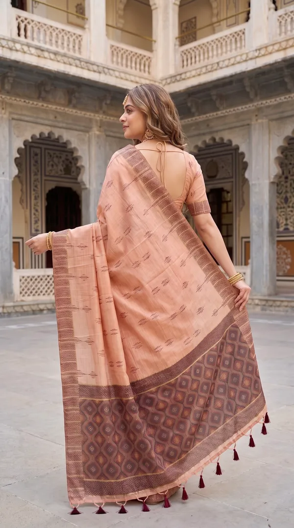 Premium_Soft_Muga_Cotton_sarees_with_Beautiful_Colourfull_3D_Woven_Small_Motifs_Pallu_With_Attractive_All_Over_Resham_Weaving_Butti_Design_With_Resham_Weaving_Border_And_Resham_Weaving_Butti_Blouse_With_Fancy_Tassels