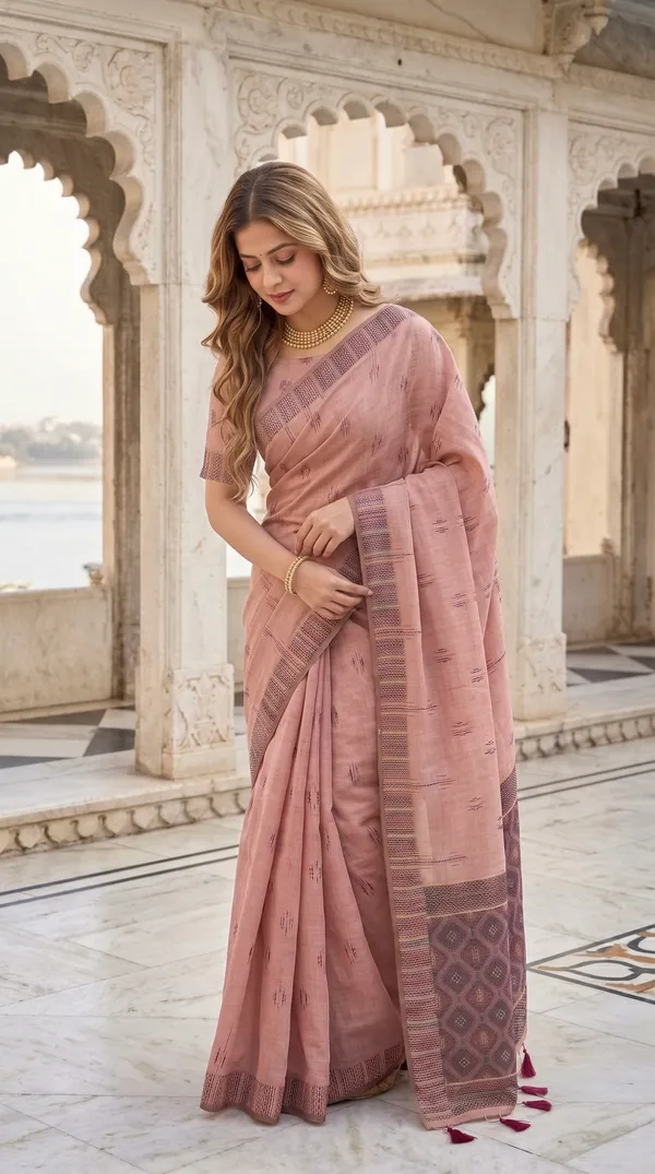Premium_Soft_Muga_Cotton_sarees_with_Beautiful_Colourfull_3D_Woven_Small_Motifs_Pallu_With_Attractive_All_Over_Resham_Weaving_Butti_Design_With_Resham_Weaving_Border_And_Resham_Weaving_Butti_Blouse_With_Fancy_Tassels