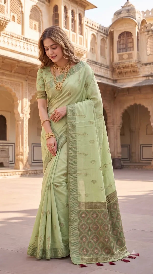 Premium_Soft_Muga_Cotton_sarees_with_Beautiful_Colourfull_3D_Woven_Small_Motifs_Pallu_With_Attractive_All_Over_Resham_Weaving_Butti_Design_With_Resham_Weaving_Border_And_Resham_Weaving_Butti_Blouse_With_Fancy_Tassels
