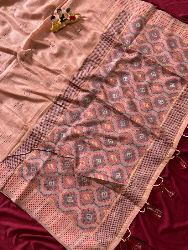 Premium_Soft_Muga_Cotton_sarees_with_Beautiful_Colourfull_3D_Woven_Small_Motifs_Pallu_With_Attractive_All_Over_Resham_Weaving_Butti_Design_With_Resham_Weaving_Border_And_Resham_Weaving_Butti_Blouse_With_Fancy_Tassels