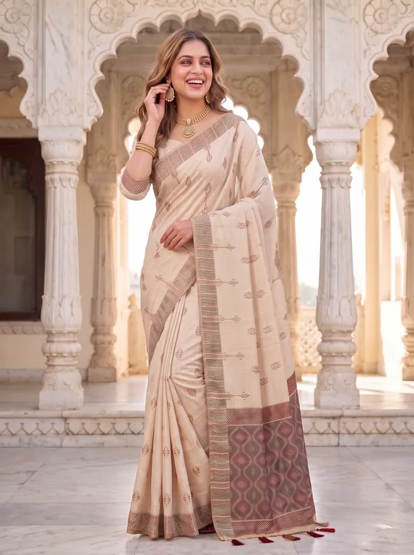 Premium_Soft_Muga_Cotton_sarees_with_Beautiful_Colourfull_3D_Woven_Small_Motifs_Pallu_With_Attractive_All_Over_Resham_Weaving_Butti_Design_With_Resham_Weaving_Border_And_Resham_Weaving_Butti_Blouse_With_Fancy_Tassels