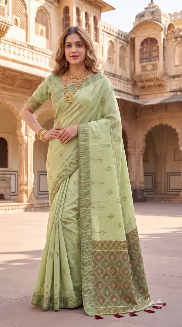 Premium_Soft_Muga_Cotton_sarees_with_Beautiful_Colourfull_3D_Woven_Small_Motifs_Pallu_With_Attractive_All_Over_Resham_Weaving_Butti_Design_With_Resham_Weaving_Border_And_Resham_Weaving_Butti_Blouse_With_Fancy_Tassels
