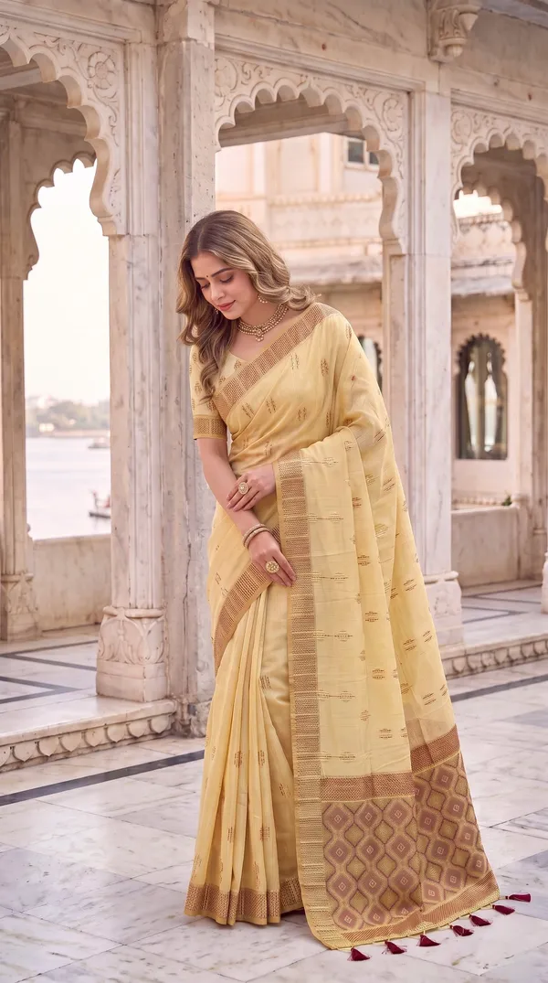 Premium_Soft_Muga_Cotton_sarees_with_Beautiful_Colourfull_3D_Woven_Small_Motifs_Pallu_With_Attractive_All_Over_Resham_Weaving_Butti_Design_With_Resham_Weaving_Border_And_Resham_Weaving_Butti_Blouse_With_Fancy_Tassels