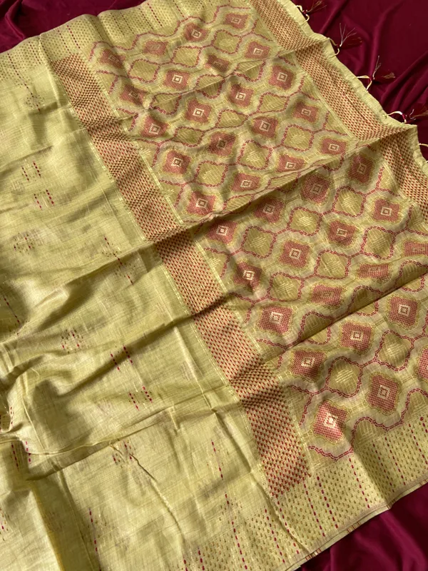 Premium_Soft_Muga_Cotton_sarees_with_Beautiful_Colourfull_3D_Woven_Small_Motifs_Pallu_With_Attractive_All_Over_Resham_Weaving_Butti_Design_With_Resham_Weaving_Border_And_Resham_Weaving_Butti_Blouse_With_Fancy_Tassels