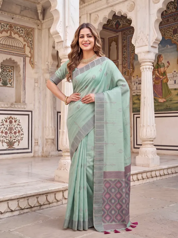 Premium_Soft_Muga_Cotton_sarees_with_Beautiful_Colourfull_3D_Woven_Small_Motifs_Pallu_With_Attractive_All_Over_Resham_Weaving_Butti_Design_With_Resham_Weaving_Border_And_Resham_Weaving_Butti_Blouse_With_Fancy_Tassels