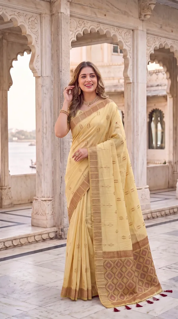 Premium_Soft_Muga_Cotton_sarees_with_Beautiful_Colourfull_3D_Woven_Small_Motifs_Pallu_With_Attractive_All_Over_Resham_Weaving_Butti_Design_With_Resham_Weaving_Border_And_Resham_Weaving_Butti_Blouse_With_Fancy_Tassels