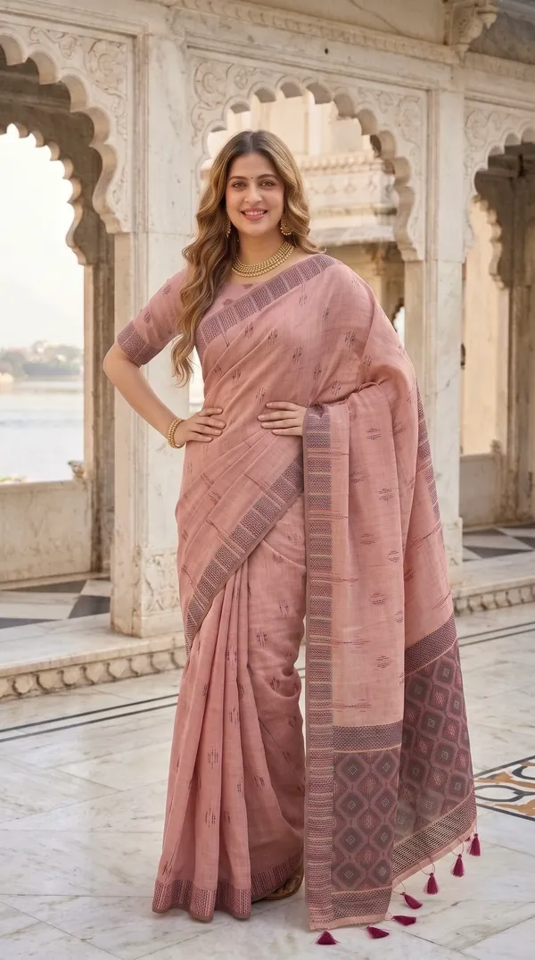 Premium_Soft_Muga_Cotton_sarees_with_Beautiful_Colourfull_3D_Woven_Small_Motifs_Pallu_With_Attractive_All_Over_Resham_Weaving_Butti_Design_With_Resham_Weaving_Border_And_Resham_Weaving_Butti_Blouse_With_Fancy_Tassels