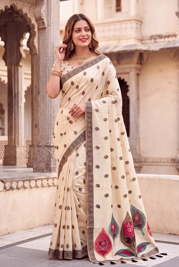 Premium_Soft_Muga_Cotton_sarees_with_Beautiful_Colourfull_Digital_Weaving_Work_Pallu_With_Attractive_Resham_Weaving_Border_With_All_Over_Resham_Weaving_Butti_Design_And_Resham_Weaving_Butti_Blouse_With_Fancy_Tassels