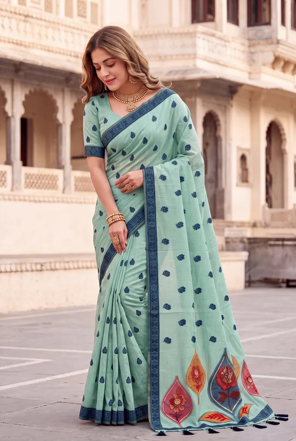 Premium_Soft_Muga_Cotton_sarees_with_Beautiful_Colourfull_Digital_Weaving_Work_Pallu_With_Attractive_Resham_Weaving_Border_With_All_Over_Resham_Weaving_Butti_Design_And_Resham_Weaving_Butti_Blouse_With_Fancy_Tassels