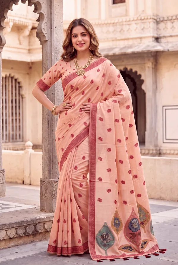 Premium_Soft_Muga_Cotton_sarees_with_Beautiful_Colourfull_Digital_Weaving_Work_Pallu_With_Attractive_Resham_Weaving_Border_With_All_Over_Resham_Weaving_Butti_Design_And_Resham_Weaving_Butti_Blouse_With_Fancy_Tassels